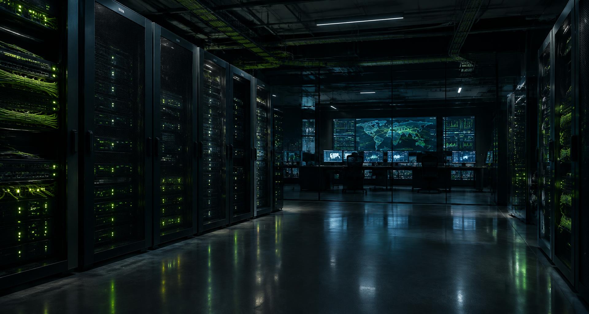 Network operations center with server racks and monitoring displays