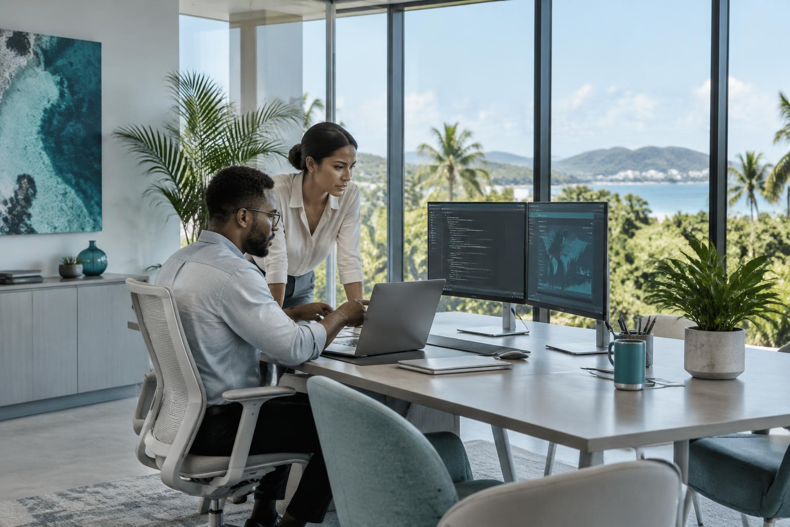 IT specialists collaborating in a bright Caribbean office
